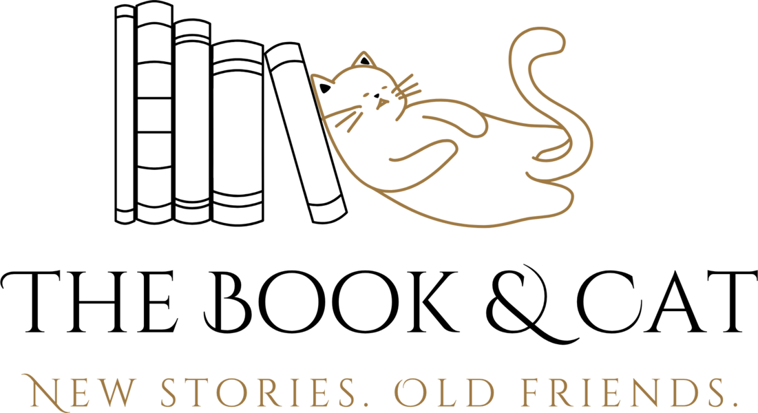 The Book & Cat logo: a line-art cat reclining beside a stack of books